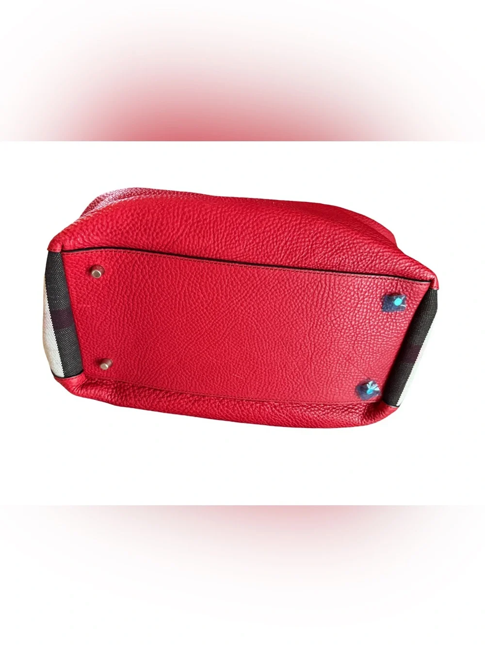 Burberry Red Pebbled Leather Shoulder Bag with Check Canvas Panel